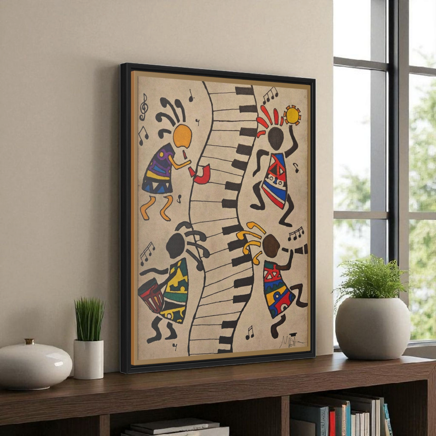 Handcrafted Tribal Music Artwork, Original Pen and Ink Drawing, Statement Wall Piece for Music Rooms