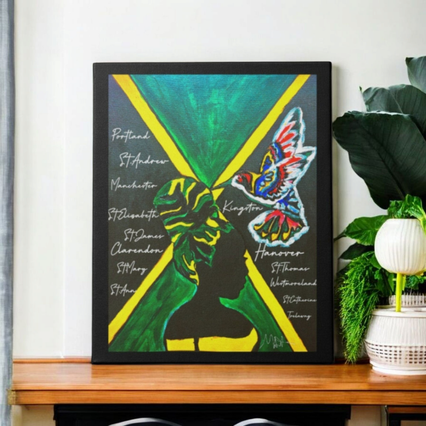 Vivid Hand Drawn Jamaican Woman Portrait, Patriotic Home Decor in Flag Colors