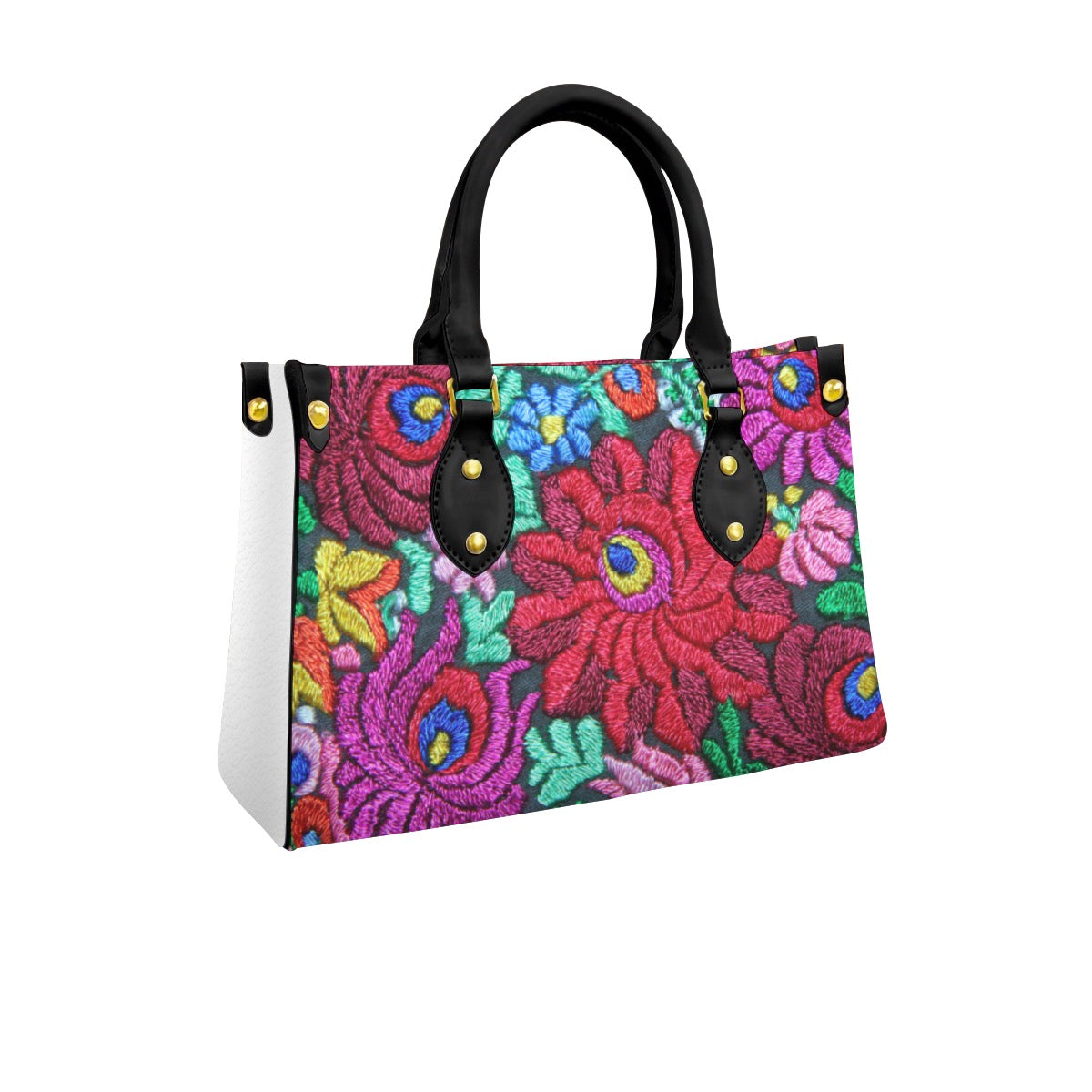 Women's Tote Bag Featuring Floral Embroidery Print and Black Handles