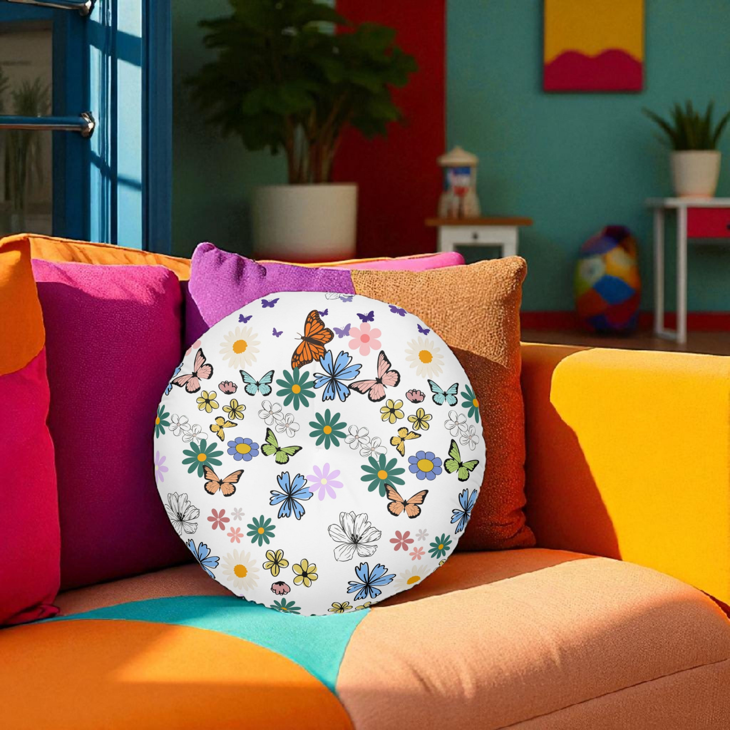 Floral Tufted Floor Pillow - Round Cushion for Cozy Decor