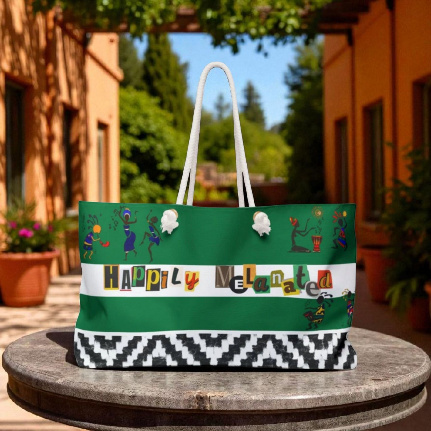 Handcrafted Ethnic Music Art Weekender Bag - Oversized, Durable Tote with Rope Handles