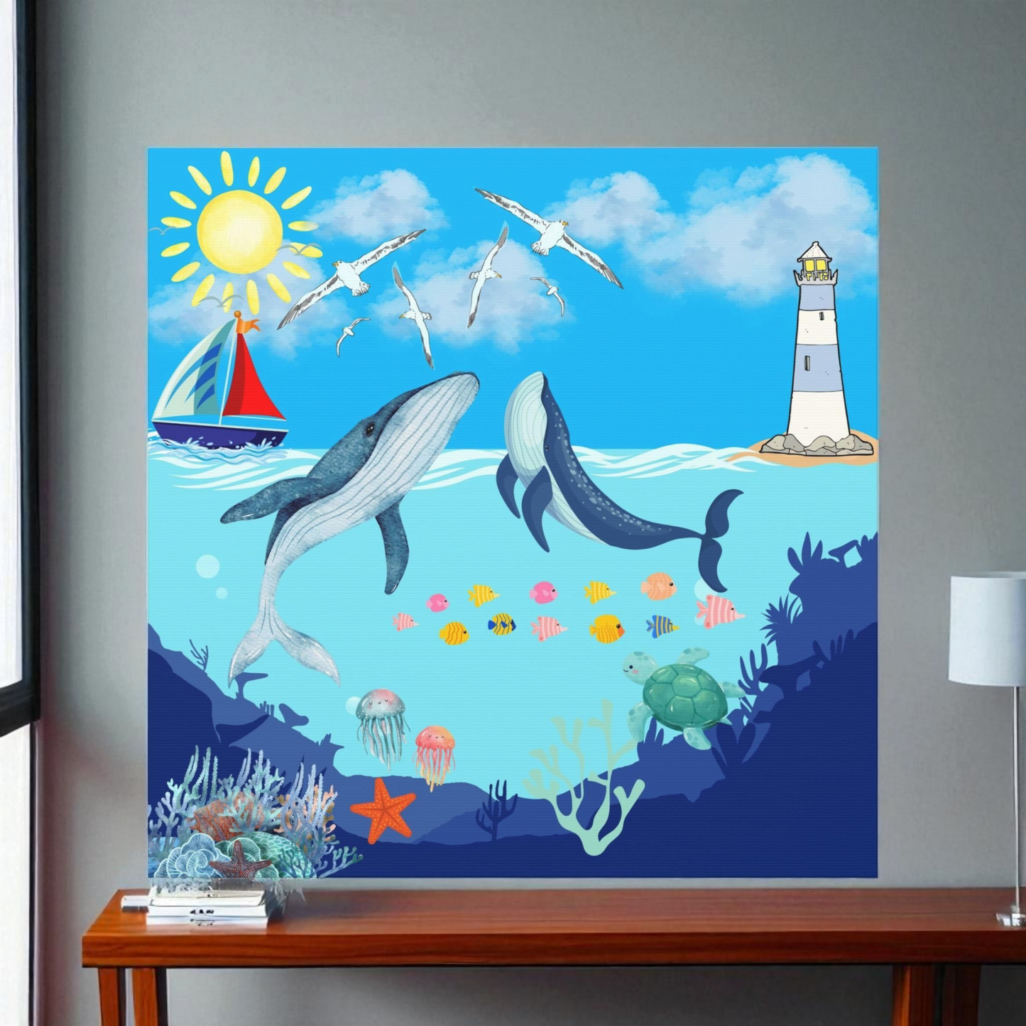 Whale Art Canvas, Ocean Life Wall Art, Nautical Home Decor, Coastal Canvas Print