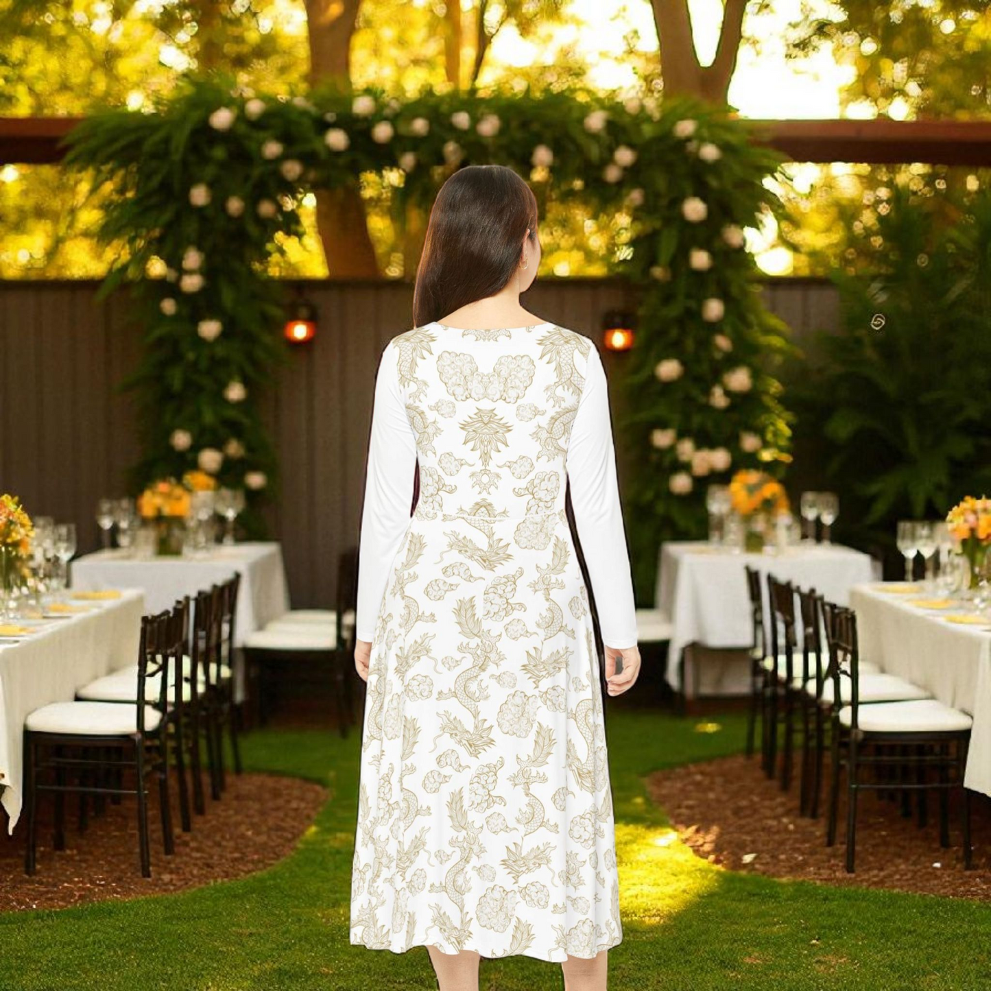 Elegant Dragon Print Long Sleeve Dance Dress | Boho Style, Dance Wear, Vintage Inspired