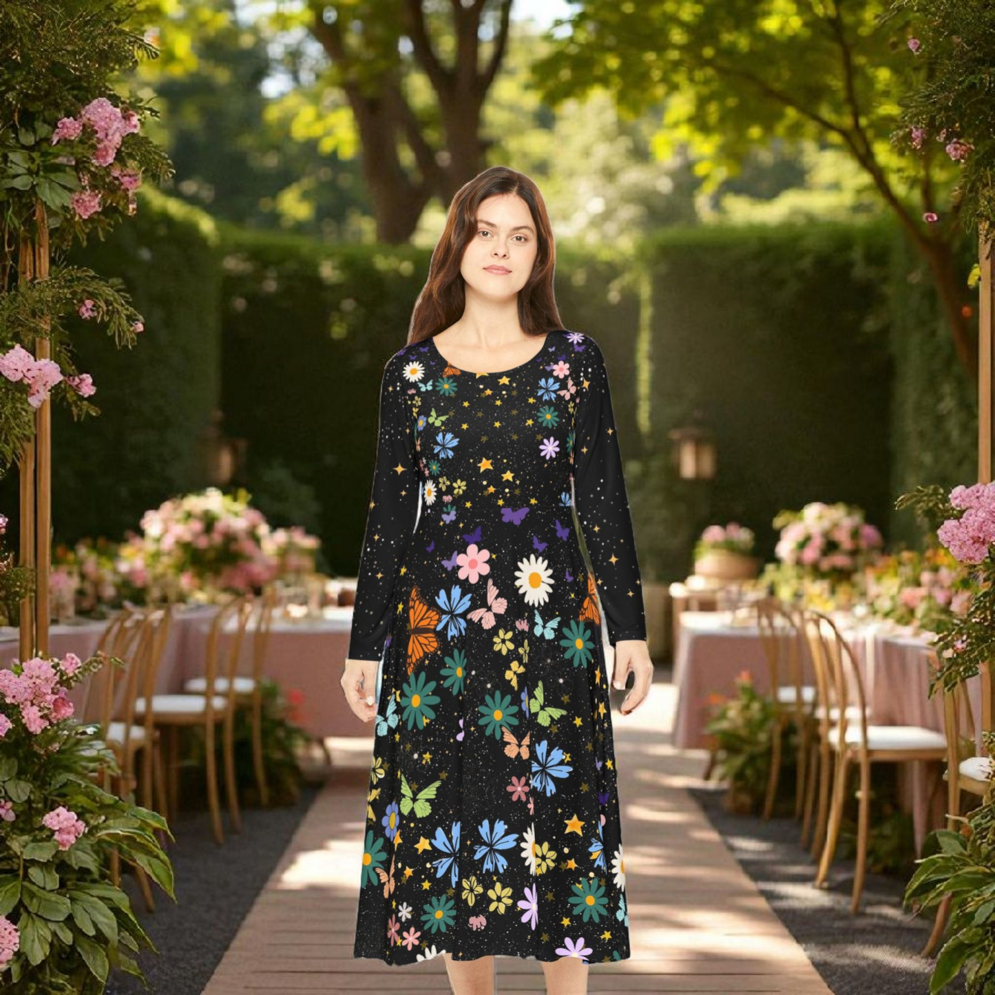 Celestial Floral Long Sleeve Dance Dress - Perfect for Parties, Events, Spring Celebrations