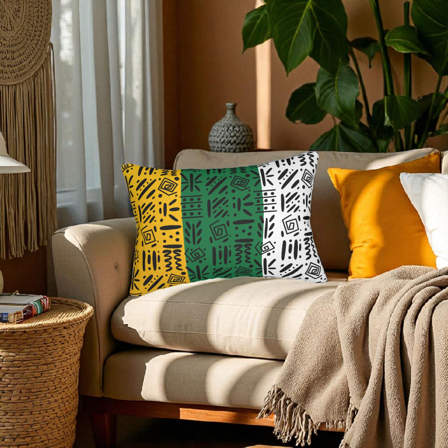 Boho Spun Polyester Lumbar Pillow with Tribal Pattern Water-resistant Hidden Zipper