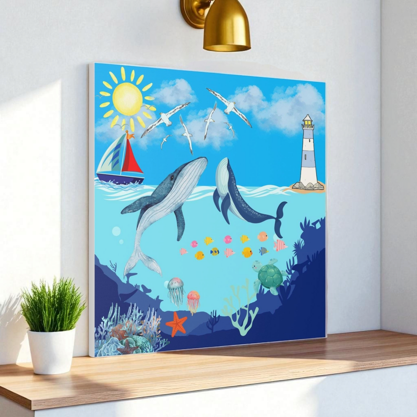Whale Art Canvas, Ocean Life Wall Art, Nautical Home Decor, Coastal Canvas Print