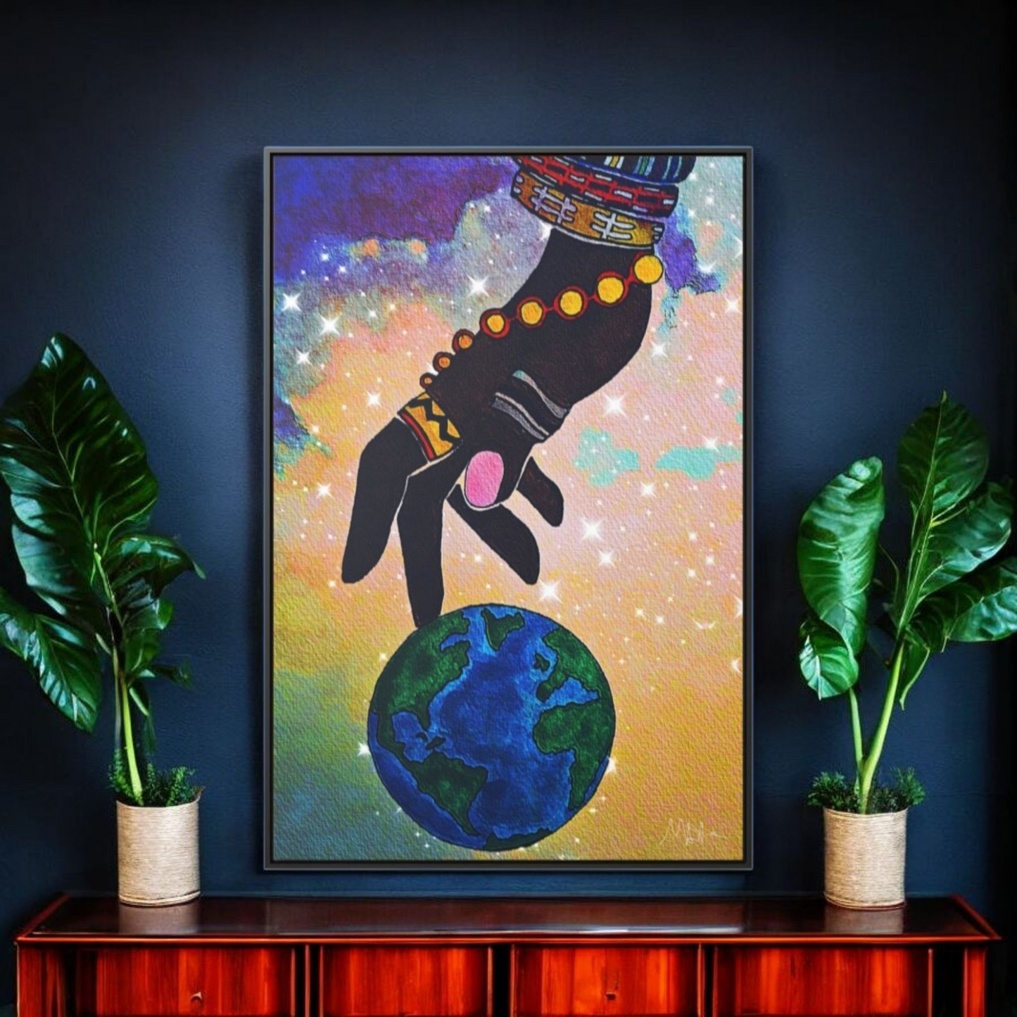 Cosmic Ethnic Wall Art - Handcrafted Astronomical Painting, Unique Space-Themed Decor, Vertica Frame