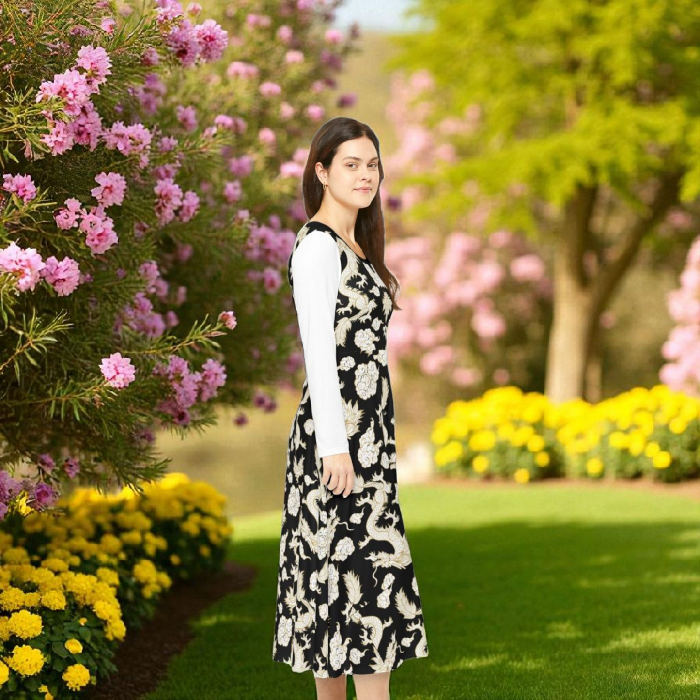 Elegant Dragon Print Long Sleeve Dance Dress | Boho Style, Dance Wear, Vintage Inspired