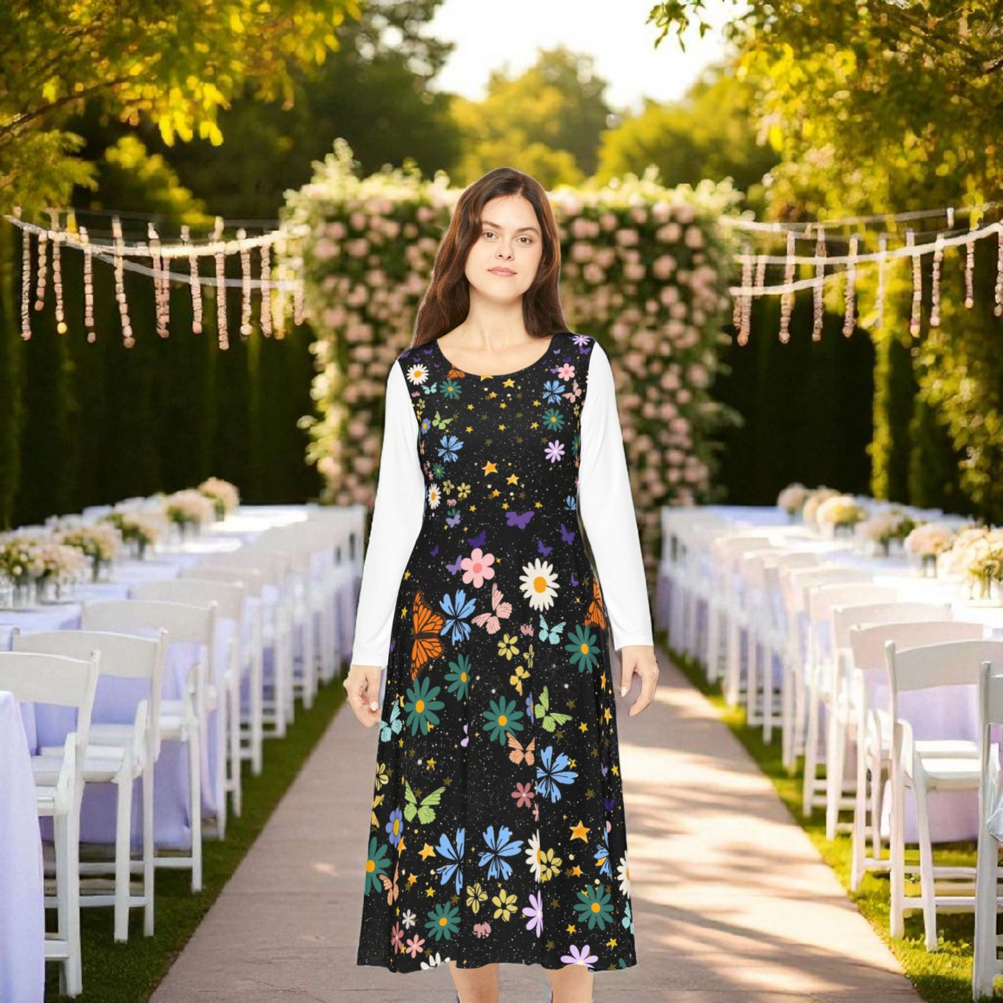 Celestial Floral Long Sleeve Dance Dress - Perfect for Parties, Events, Spring Celebrations