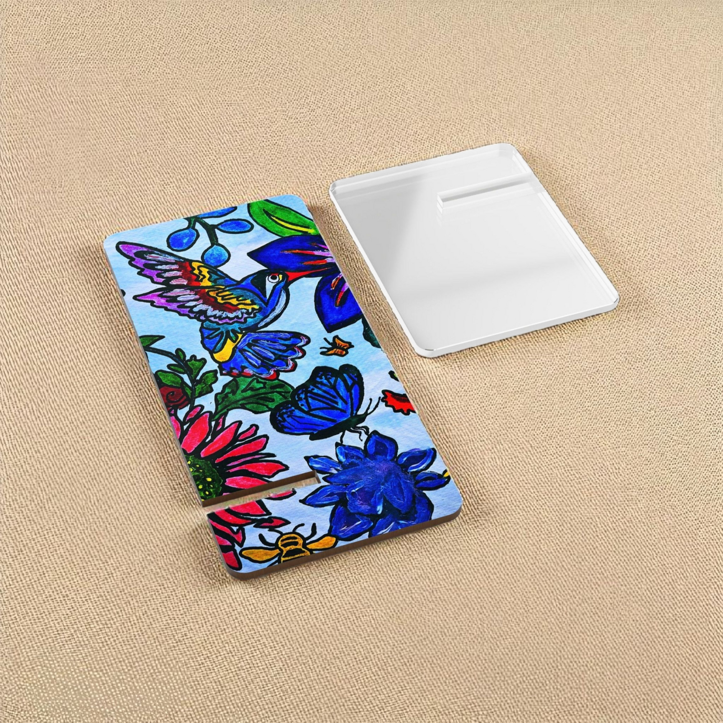 Mobile Display Stand with Handcrafted Spring Floral Artwork, Artisan Phone Holder