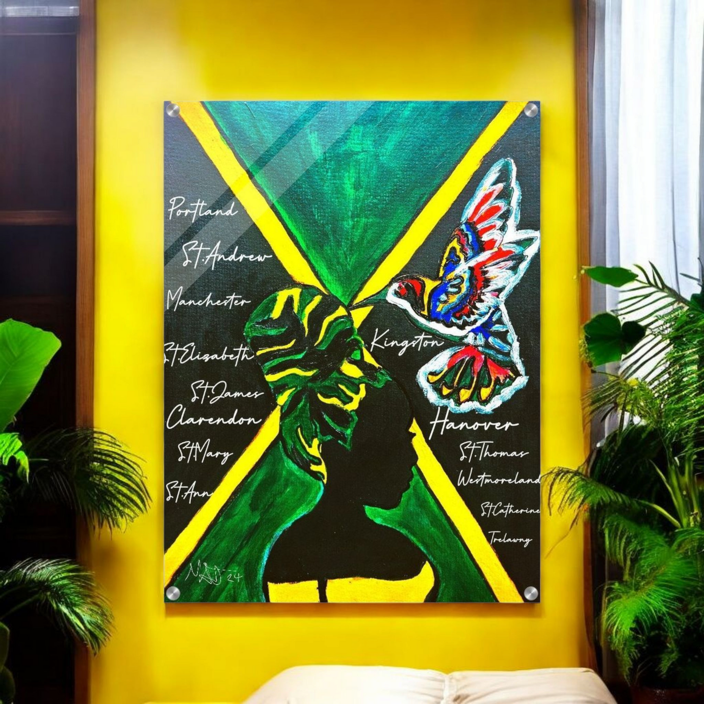 Hand Drawn Wall Art with Jamaican Woman, Original Acrylic Painting for Bohemian