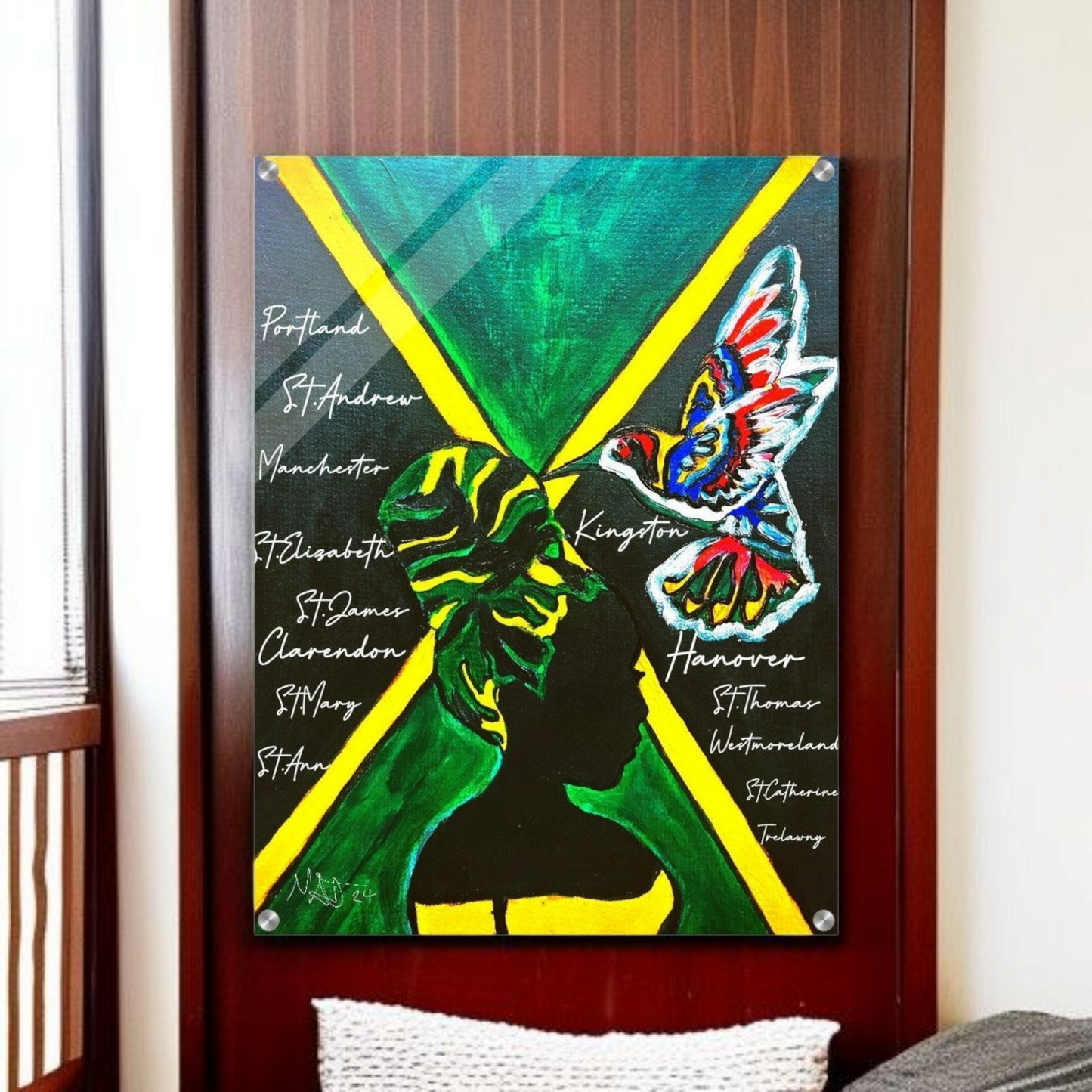 Hand Drawn Wall Art with Jamaican Woman, Original Acrylic Painting for Bohemian