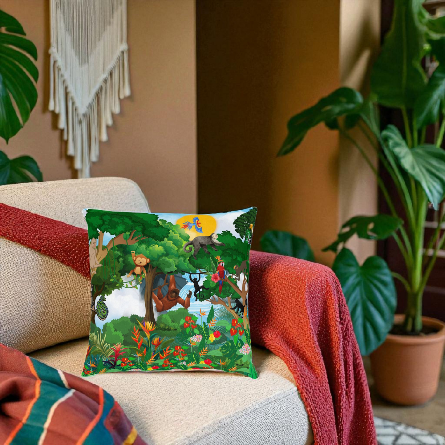 Vibrant Jungle Animal Square Pillow - Perfect for Kids' Rooms & Playspaces