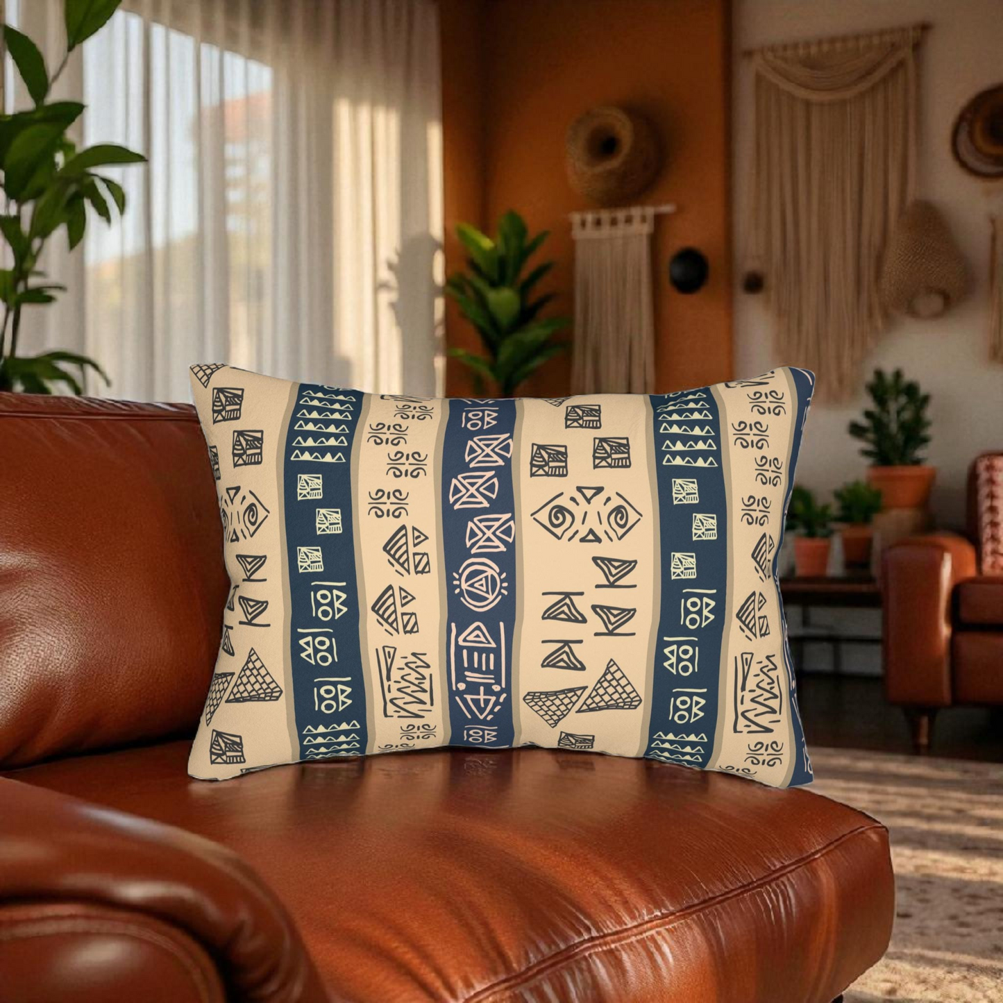 Tribal Spun Polyester Pillow, Decorative Cushion, Boho Throw Pillow, Ethnic Pattern Lumbar Pillow