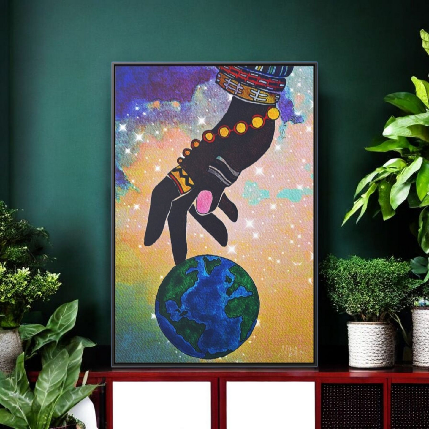 Cosmic Ethnic Wall Art - Handcrafted Astronomical Painting, Unique Space-Themed Decor, Vertica Frame