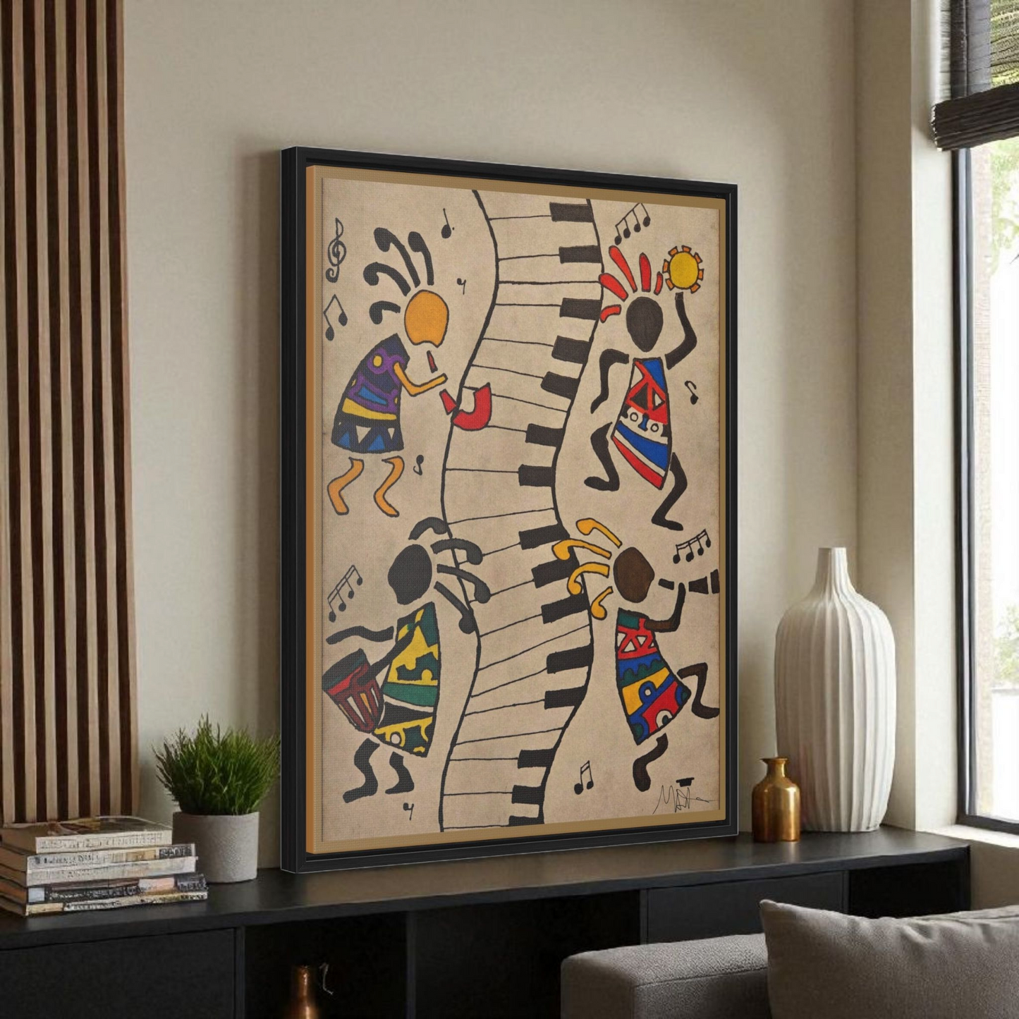Handcrafted Tribal Music Artwork, Original Pen and Ink Drawing, Statement Wall Piece for Music Rooms