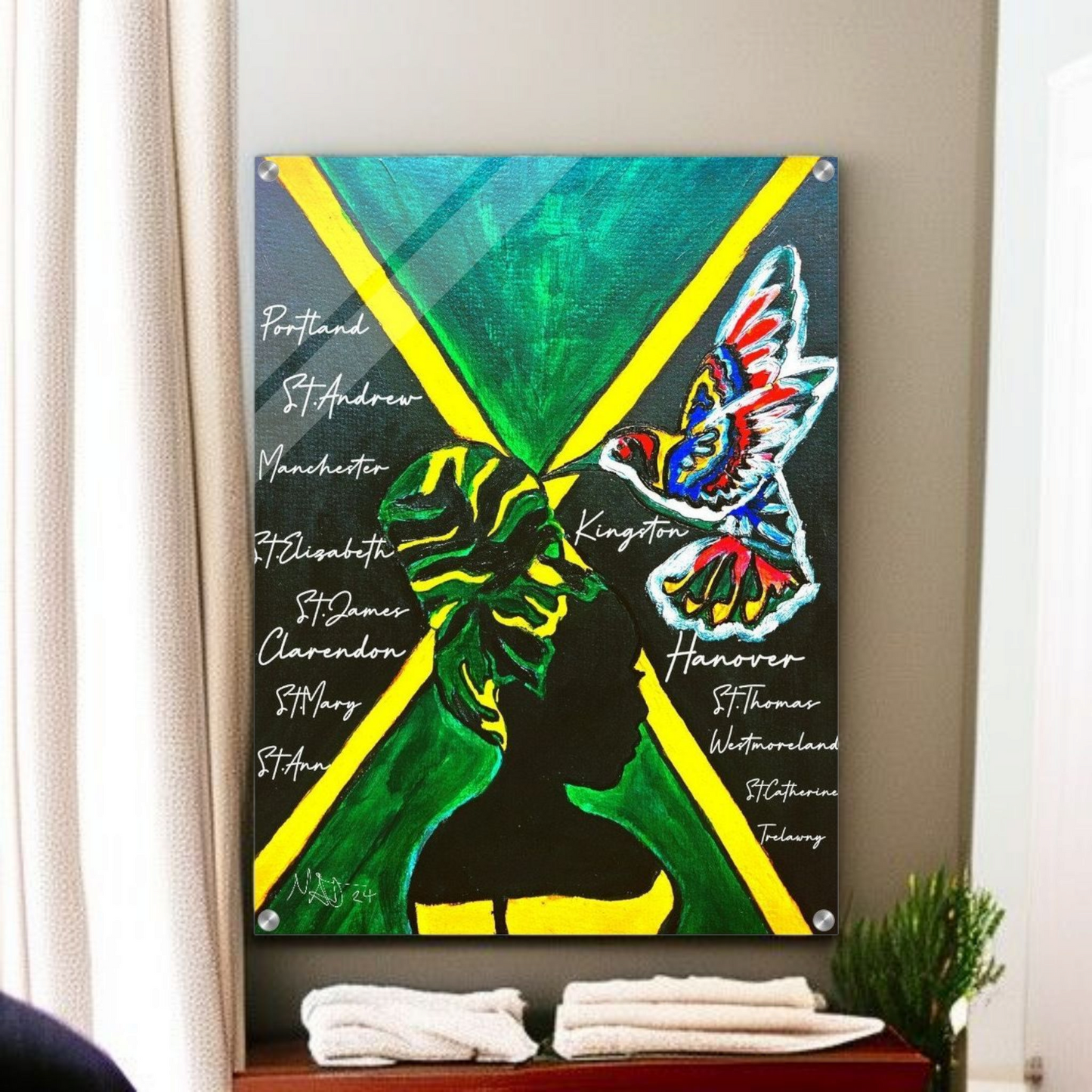 Hand Drawn Wall Art with Jamaican Woman, Original Acrylic Painting for Bohemian