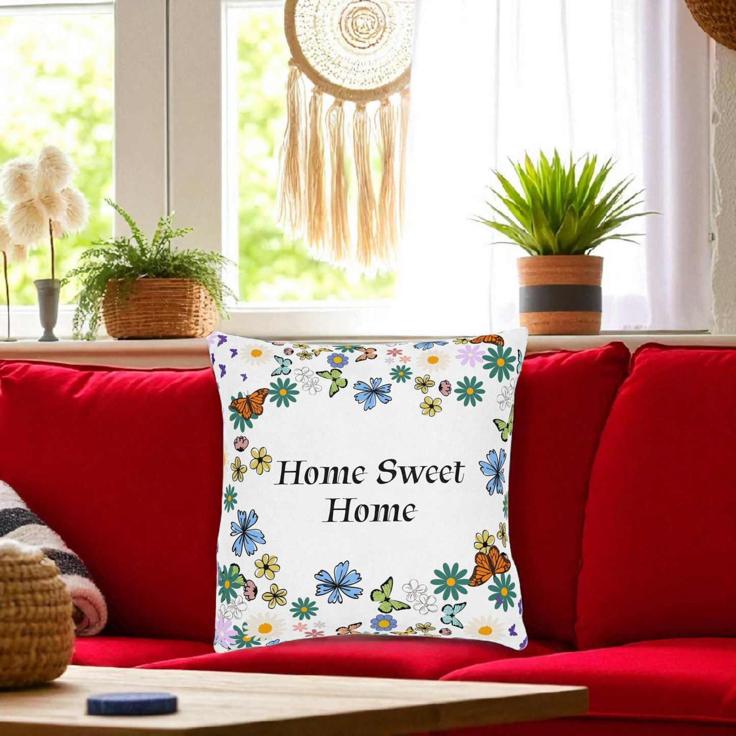 Floral Home Sweet Home Square Pillow - Cozy Decor for Living Room & Bedroom