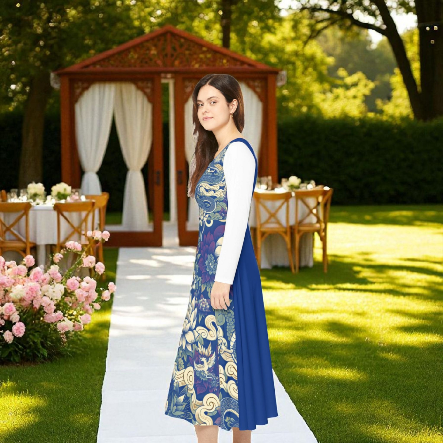 Unique Elegant Floral Print Long Sleeve Dance Dress, Perfect for Parties, Comfortable Fit