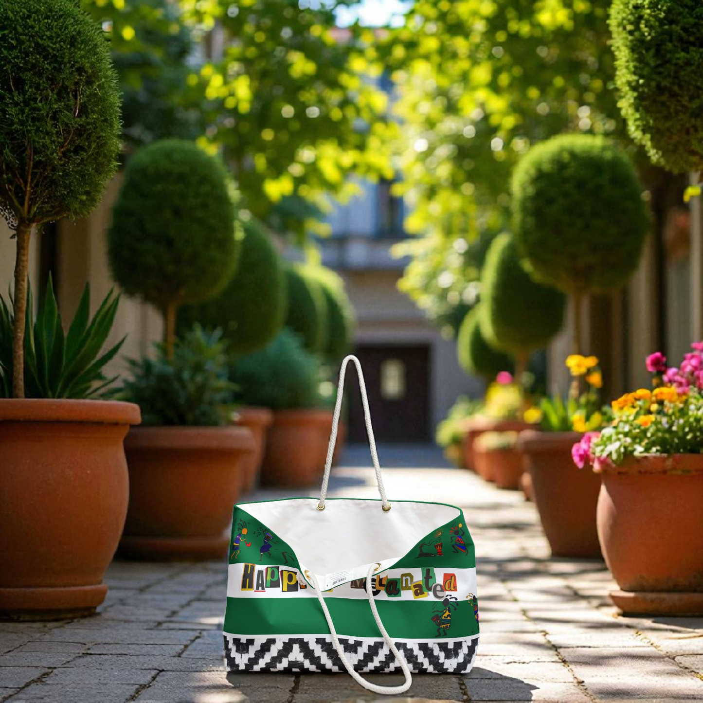 Handcrafted Ethnic Music Art Weekender Bag - Oversized, Durable Tote with Rope Handles