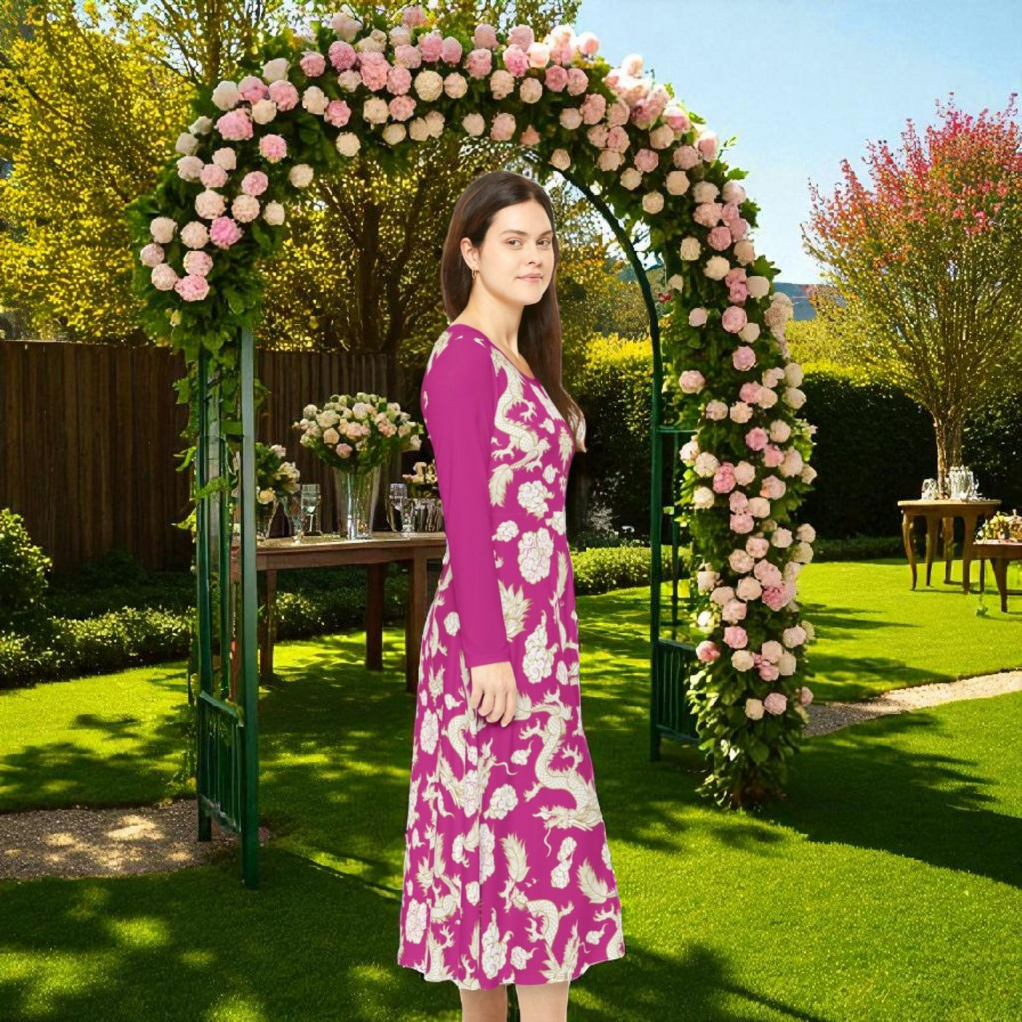 Pink Floral & Gragon Print Long Sleeve Dance Dress | Boho Style, Vintage Inspired
