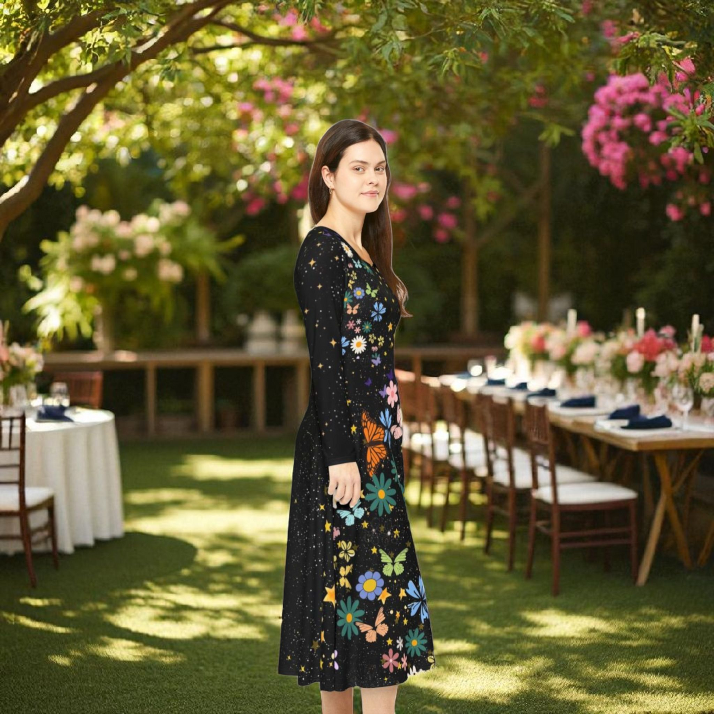 Celestial Floral Long Sleeve Dance Dress - Perfect for Parties, Events, Spring Celebrations