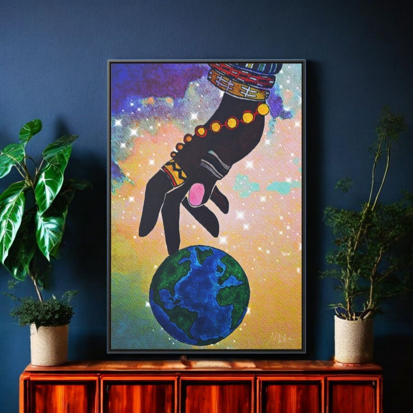 Cosmic Ethnic Wall Art - Handcrafted Astronomical Painting, Unique Space-Themed Decor, Vertica Frame
