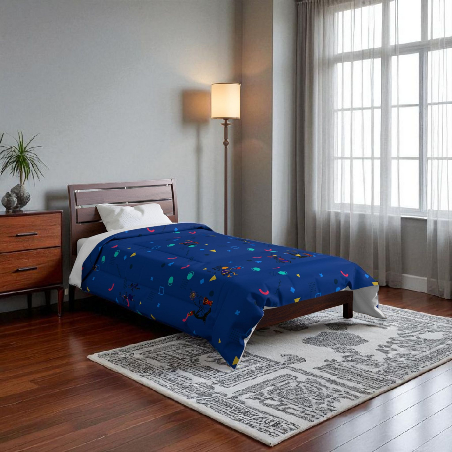 Afro Music Cartoon Comforter, Handcrafted Bedspread for Music Lovers, Unique African Art Comforter