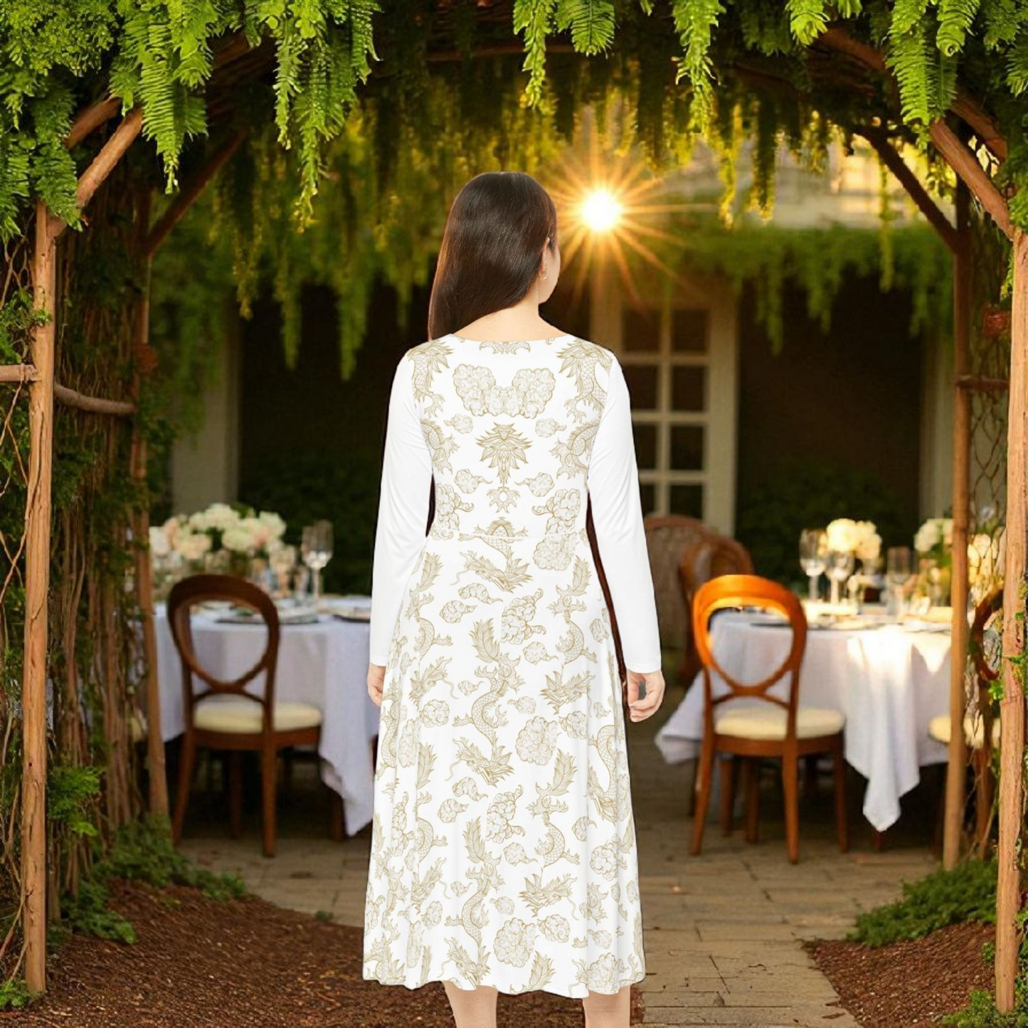 Elegant Dragon Print Long Sleeve Dance Dress | Boho Style, Dance Wear, Vintage Inspired