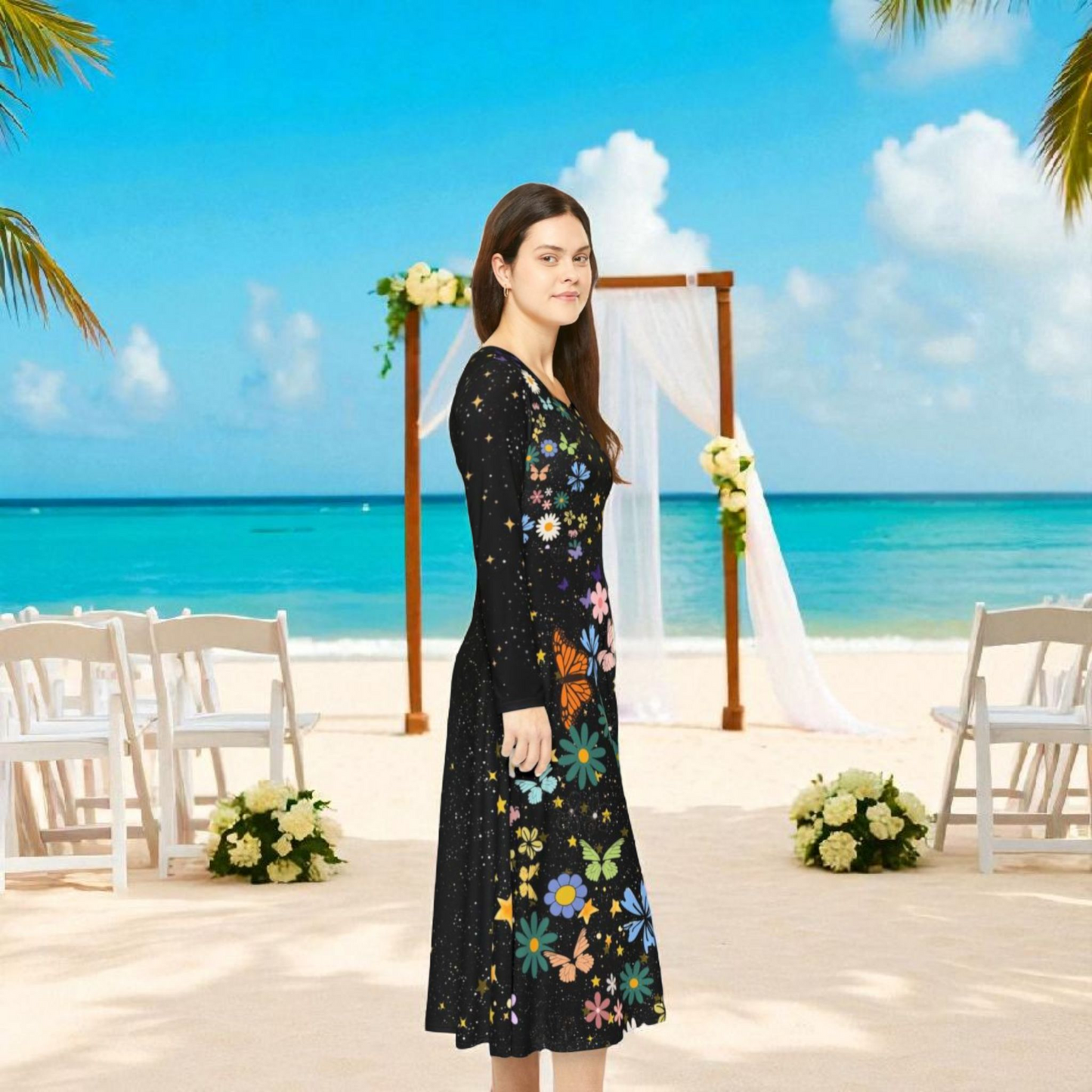 Celestial Floral Long Sleeve Dance Dress - Perfect for Parties, Events, Spring Celebrations