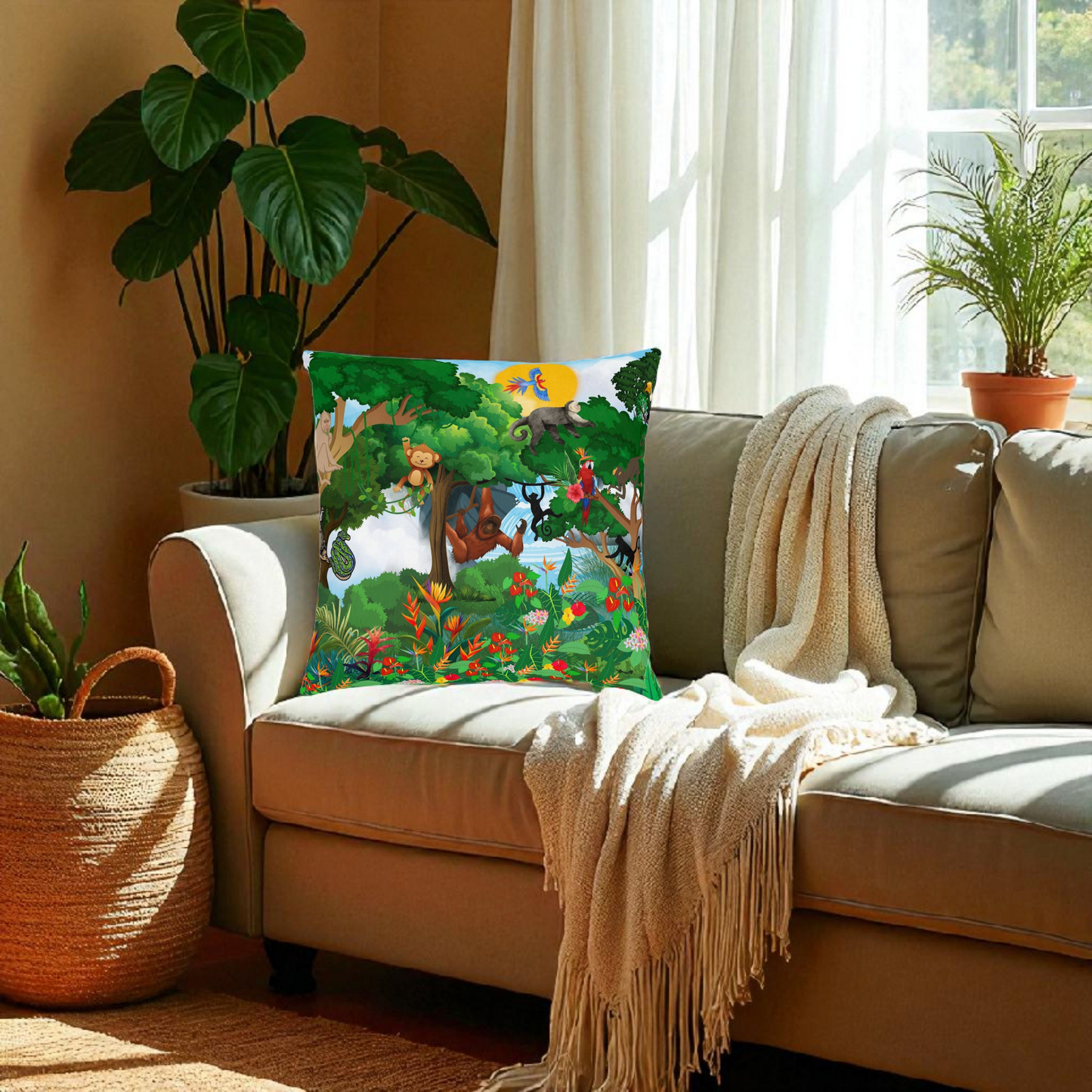 Vibrant Jungle Animal Square Pillow - Perfect for Kids' Rooms & Playspaces