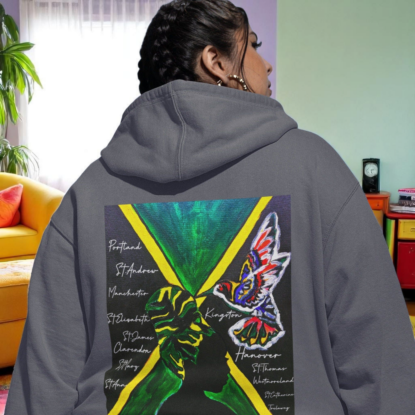 Unisex Graphic Hoodie with Hand Drawn Jamaican Flag Art , Trendy Casual Wear