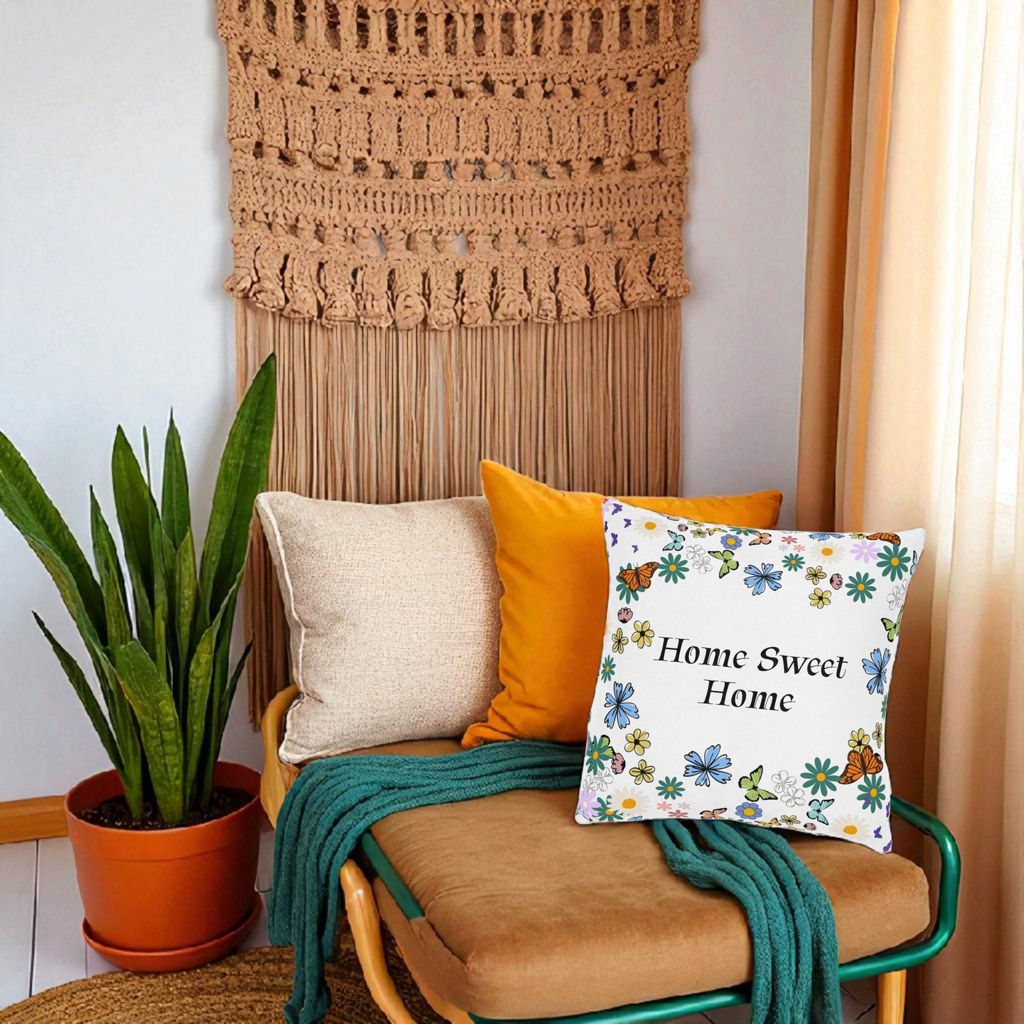 Floral Home Sweet Home Square Pillow - Cozy Decor for Living Room & Bedroom
