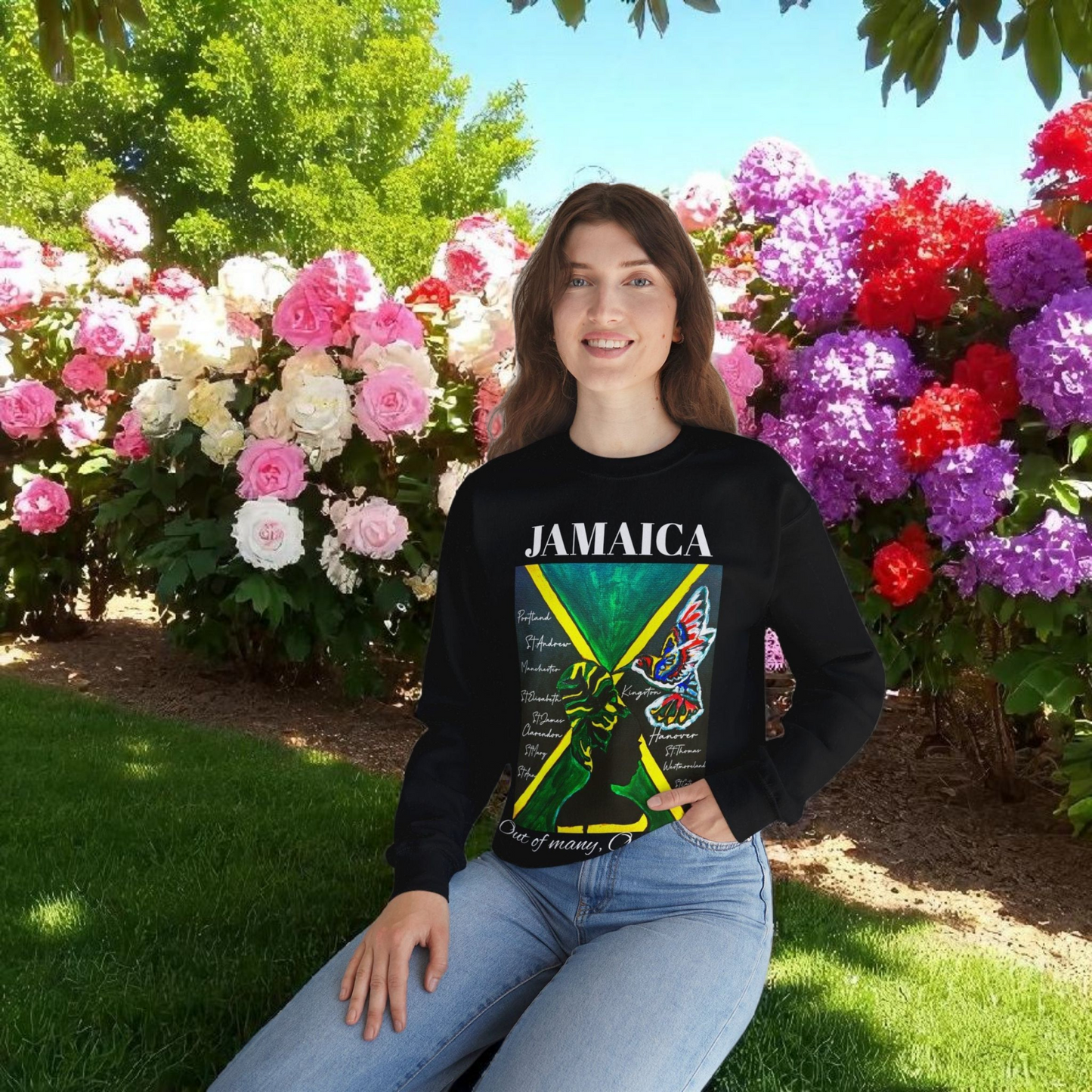 Handcrafted Graphic Sweatshirt featuring Jamaican Flag Art, Cozy Crewneck