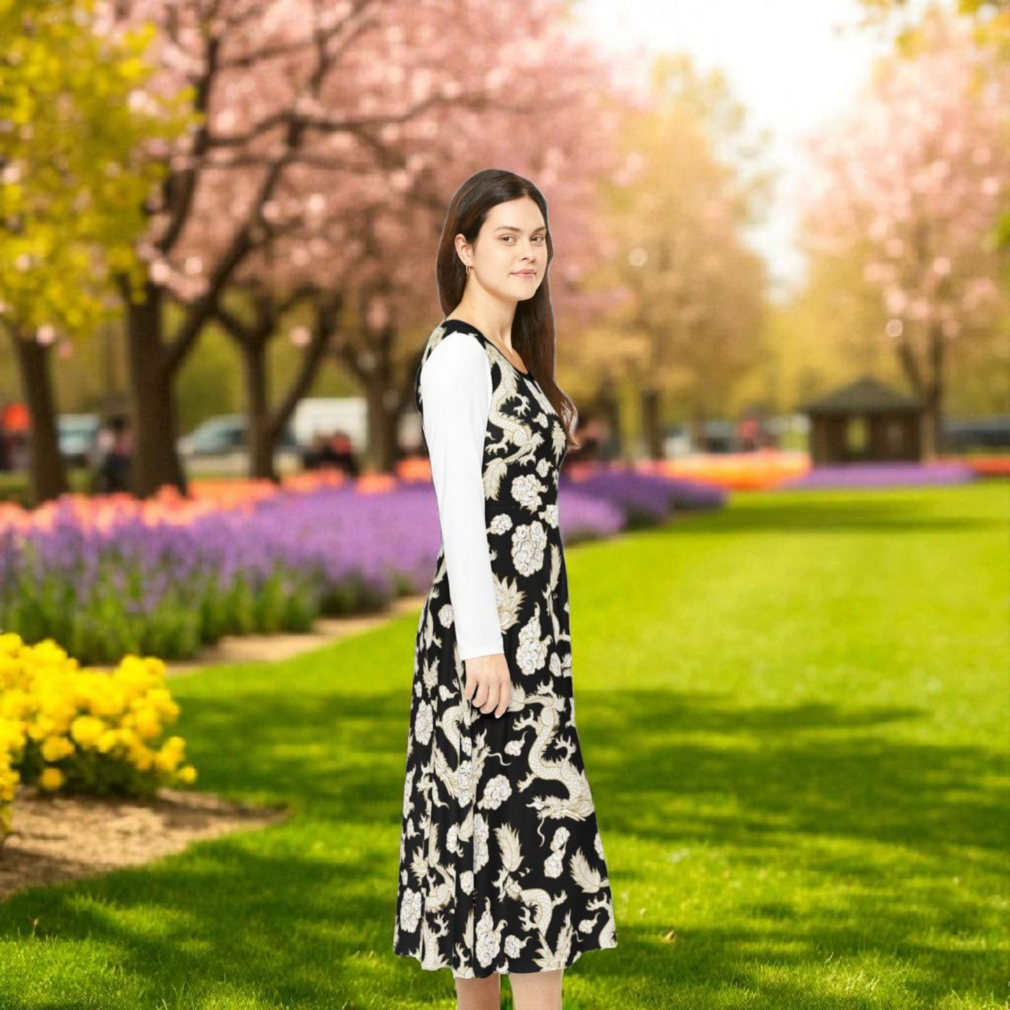 Elegant Dragon Print Long Sleeve Dance Dress | Boho Style, Dance Wear, Vintage Inspired