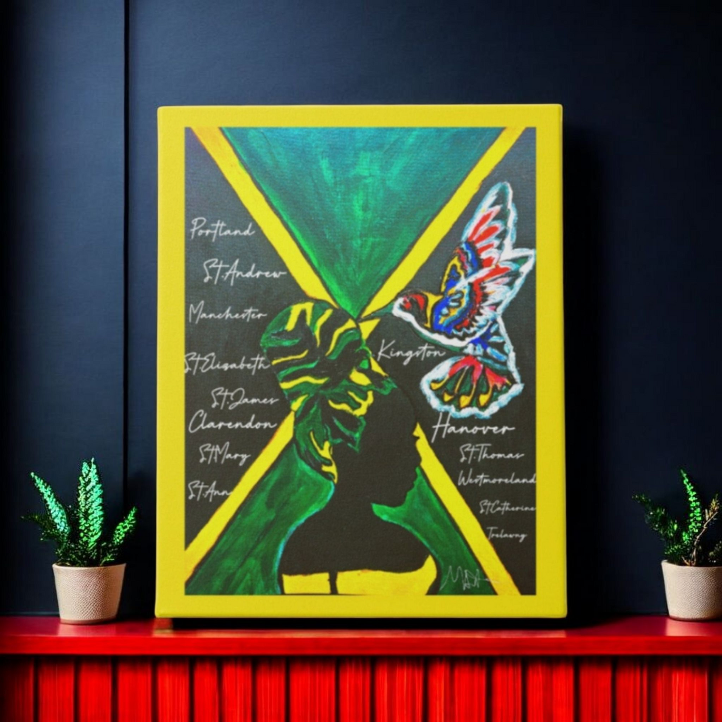 Vivid Hand Drawn Jamaican Woman Portrait, Patriotic Home Decor in Flag Colors