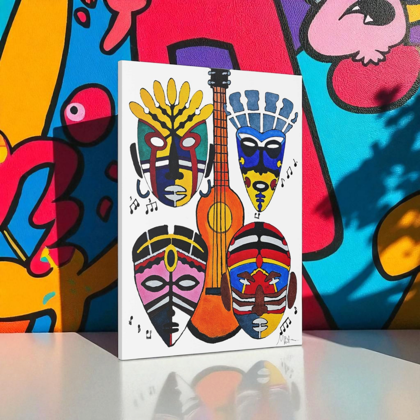 Tribal Mask Canvas, Singing Mask Painting, Wall Art Decor, Home Office Decoration