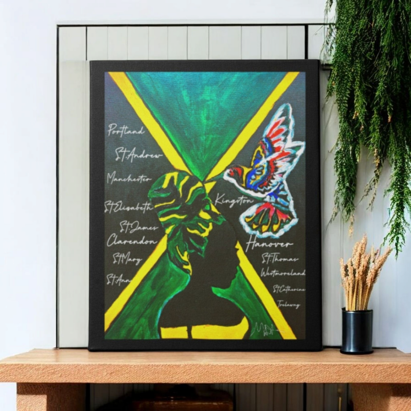 Vivid Hand Drawn Jamaican Woman Portrait, Patriotic Home Decor in Flag Colors