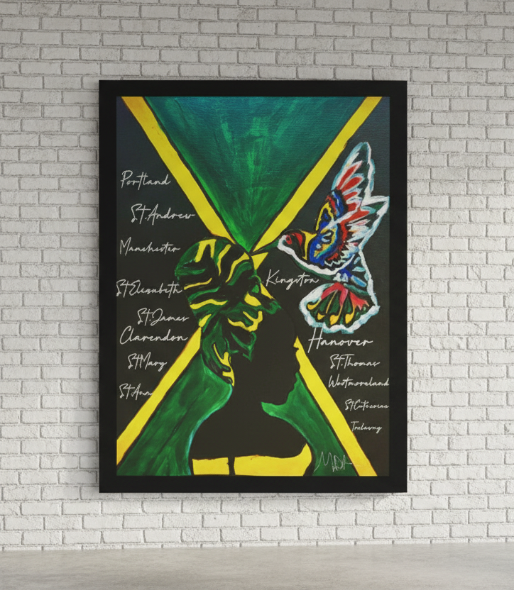 Vivid Hand Drawn Jamaican Woman Portrait, Patriotic Home Decor in Flag Colors