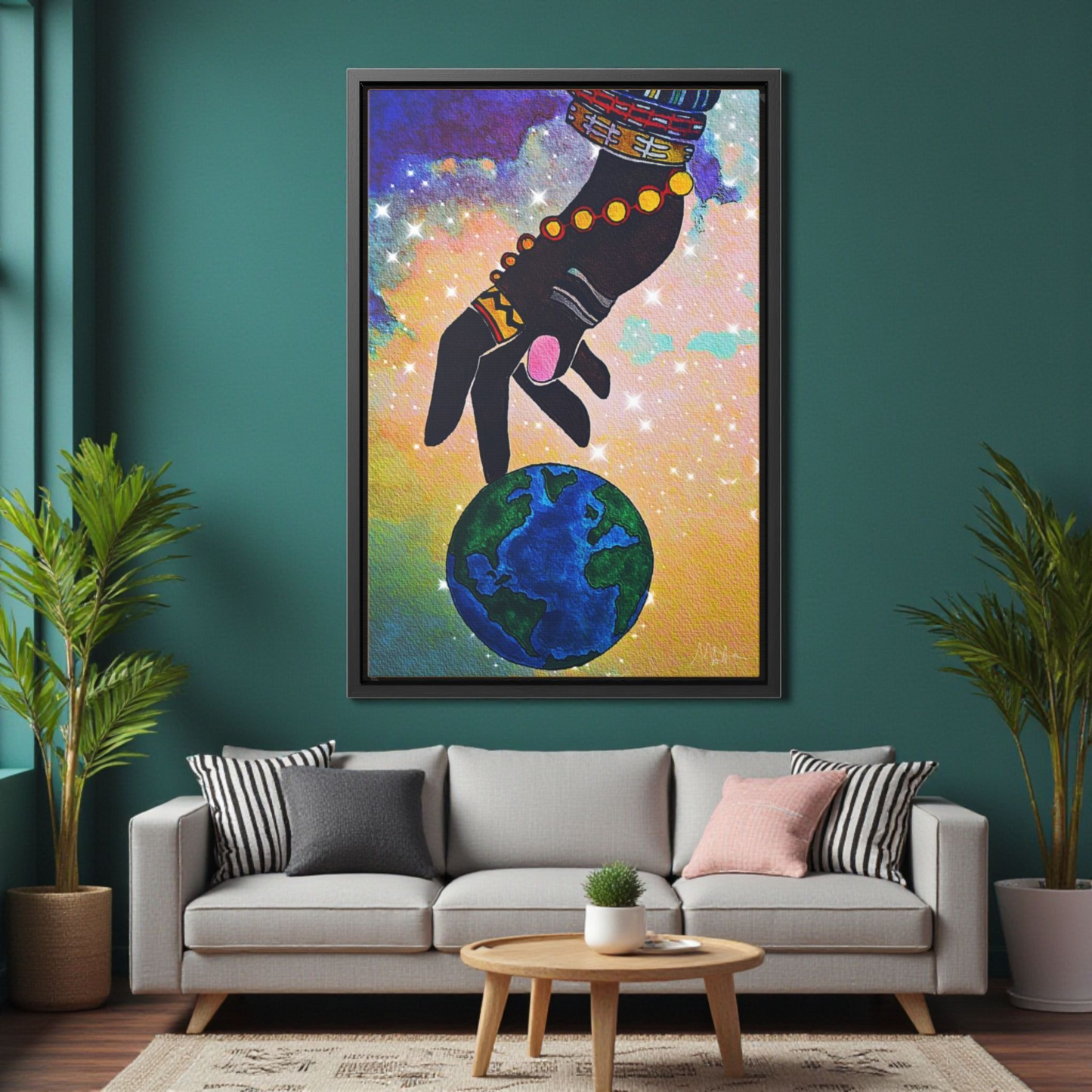 Cosmic Ethnic Wall Art - Handcrafted Astronomical Painting, Unique Space-Themed Decor, Vertica Frame
