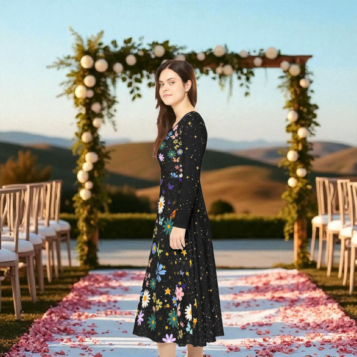 Celestial Floral Long Sleeve Dance Dress - Perfect for Parties, Events, Spring Celebrations