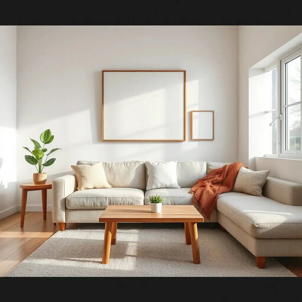 Two canvas wall artworks in a bright living room with warm lighting and simple decor