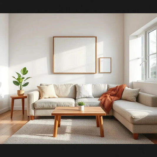 Two canvas wall artworks in a bright living room with warm lighting and simple decor