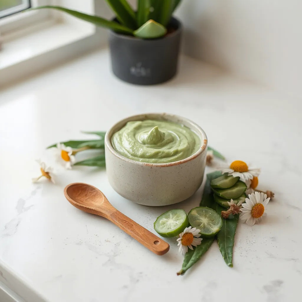 Creamy herbal face mask in a ceramic bowl with fresh botanicals on a clean bathroom counter