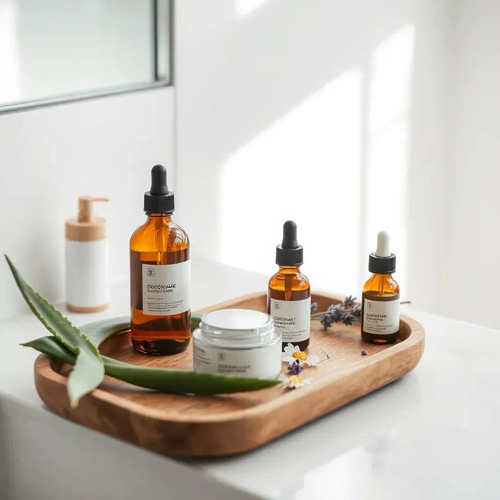 Organic skincare bottles and cream jar on a wooden tray with aloe and chamomile leaves