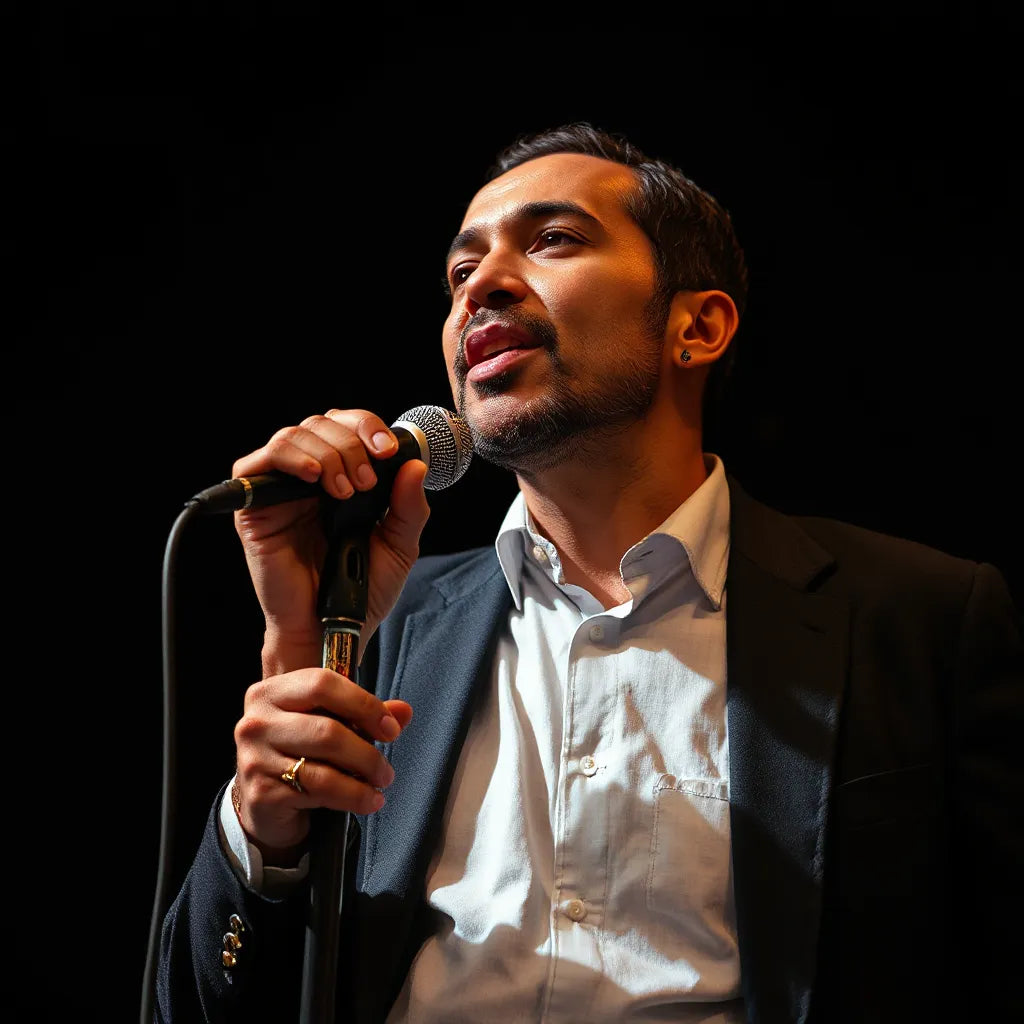Jazz singer performing with a vintage microphone under warm stage lighting