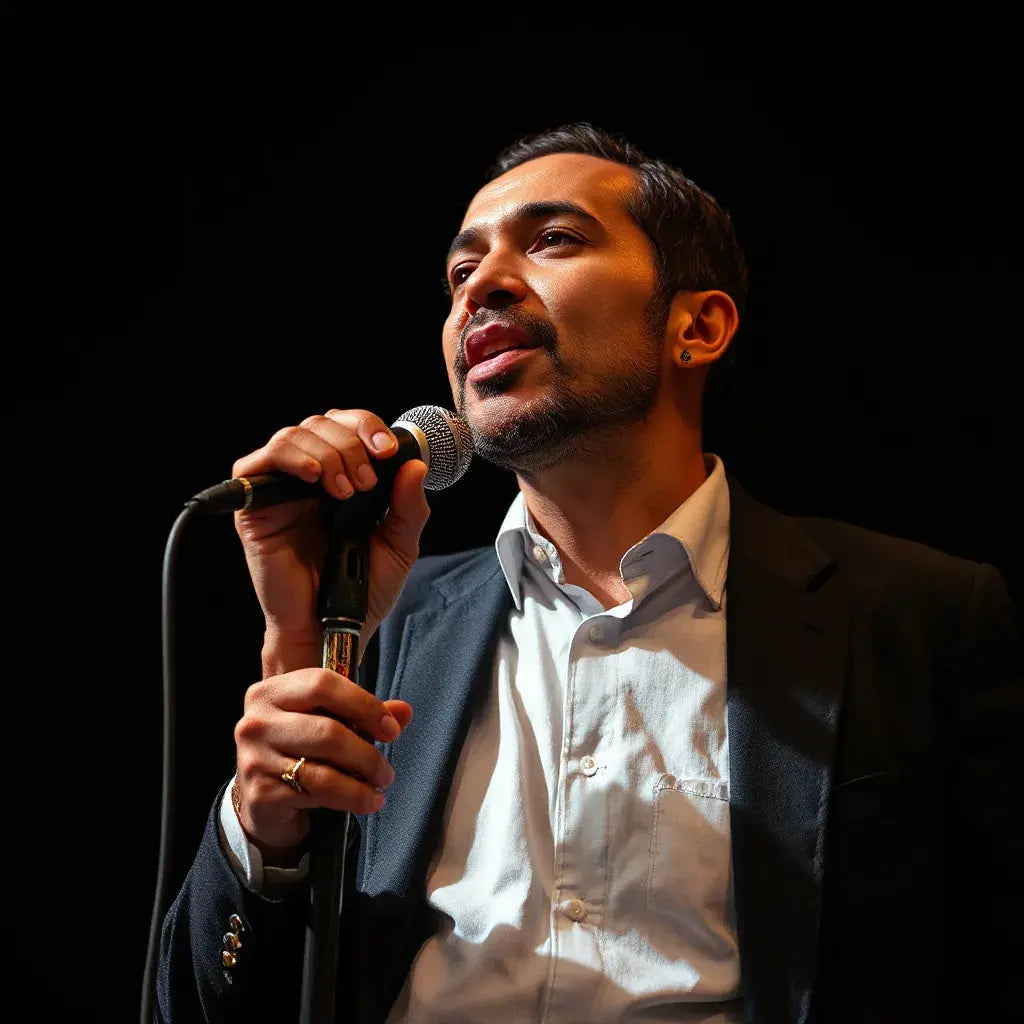 Jazz singer performing with a vintage microphone under warm stage lighting