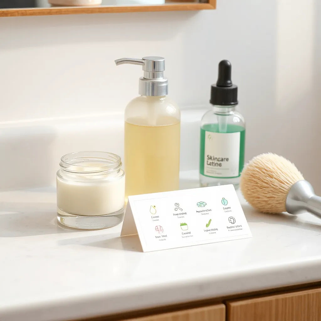 Gluten-free skincare products on a clean countertop with cream jar and serum bottles in natural light