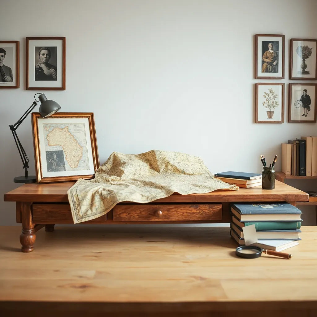 Framed historical-inspired artwork beside a vintage map and art books on a wooden desk