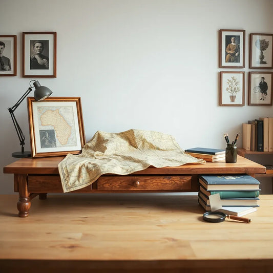 Framed historical-inspired artwork beside a vintage map and art books on a wooden desk